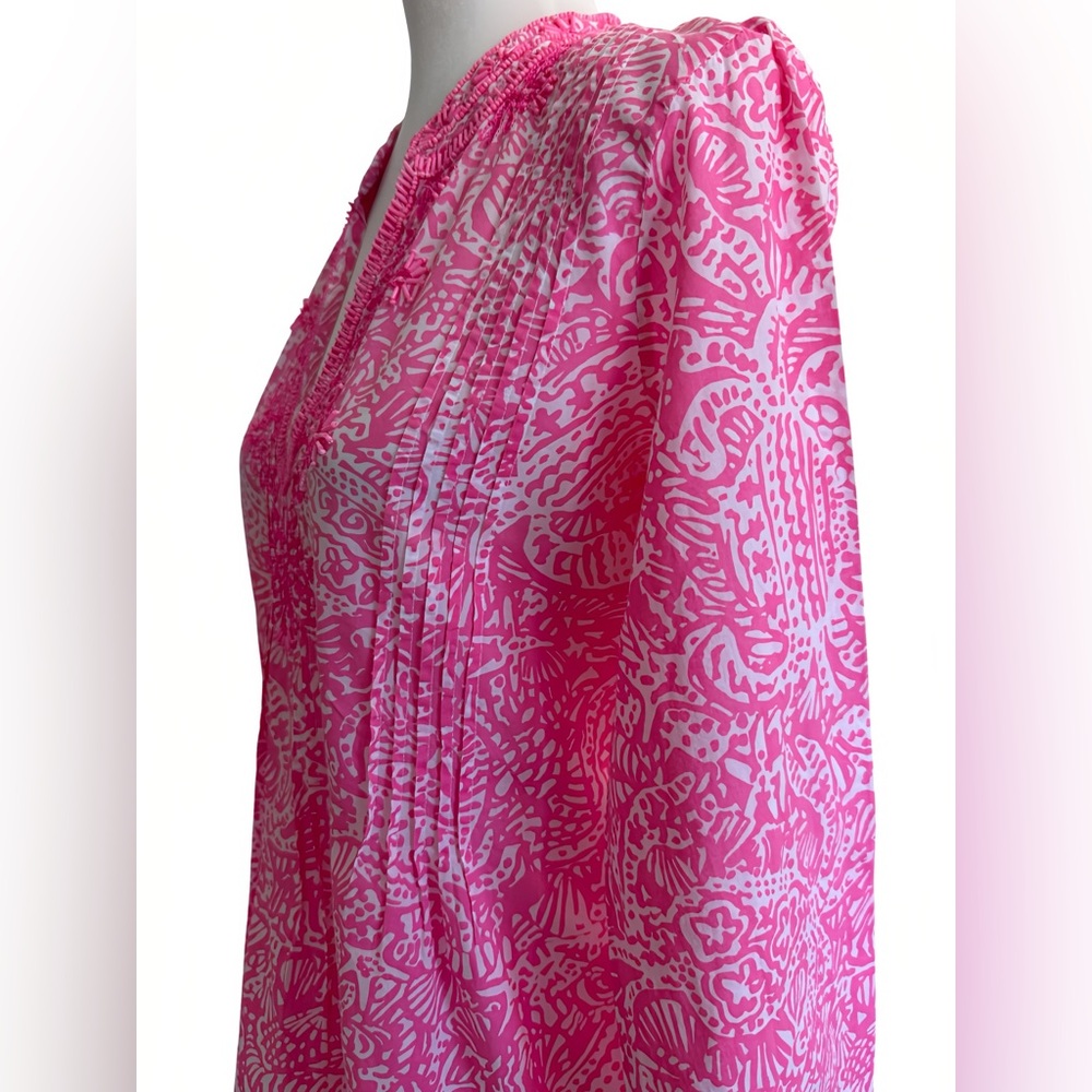 Lilly Pulitzer Sarasota Beaded Tunic Top Sz M Pink White Shell Print 3/4 Sleeve - Picture 6 of 12